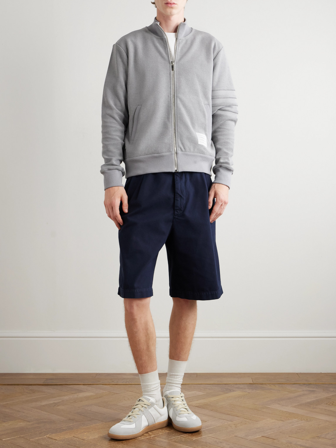 Thom Browne Striped Cotton-terry Zip-up Sweater In Gray
