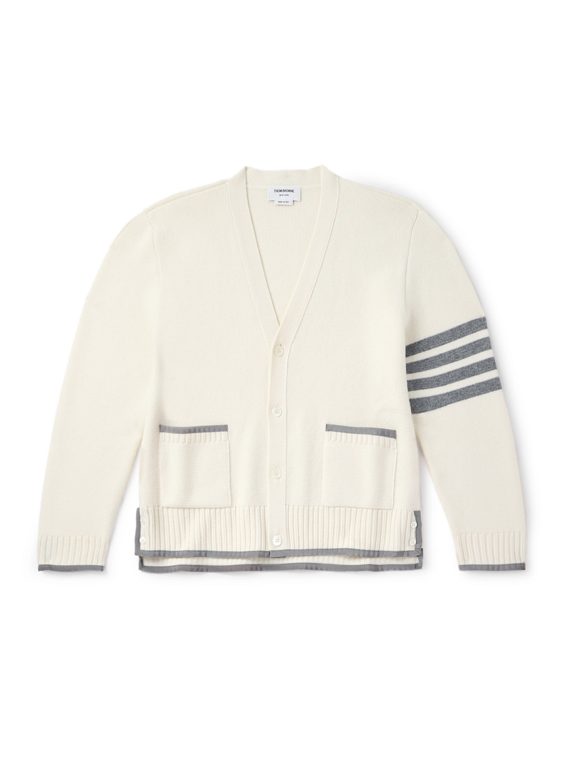 Thom Browne Grosgrain-trimmed Striped Virgin Wool Cardigan In White