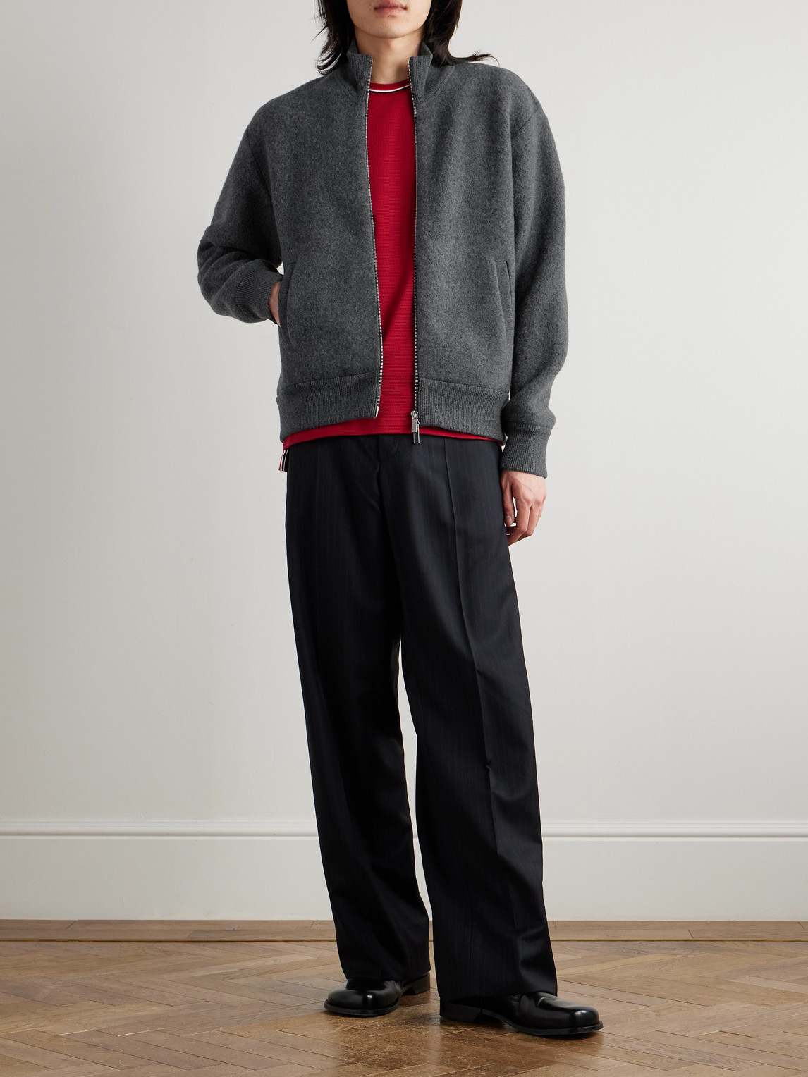Thom Browne Wool-fleece Zip-up Jacket In Gray