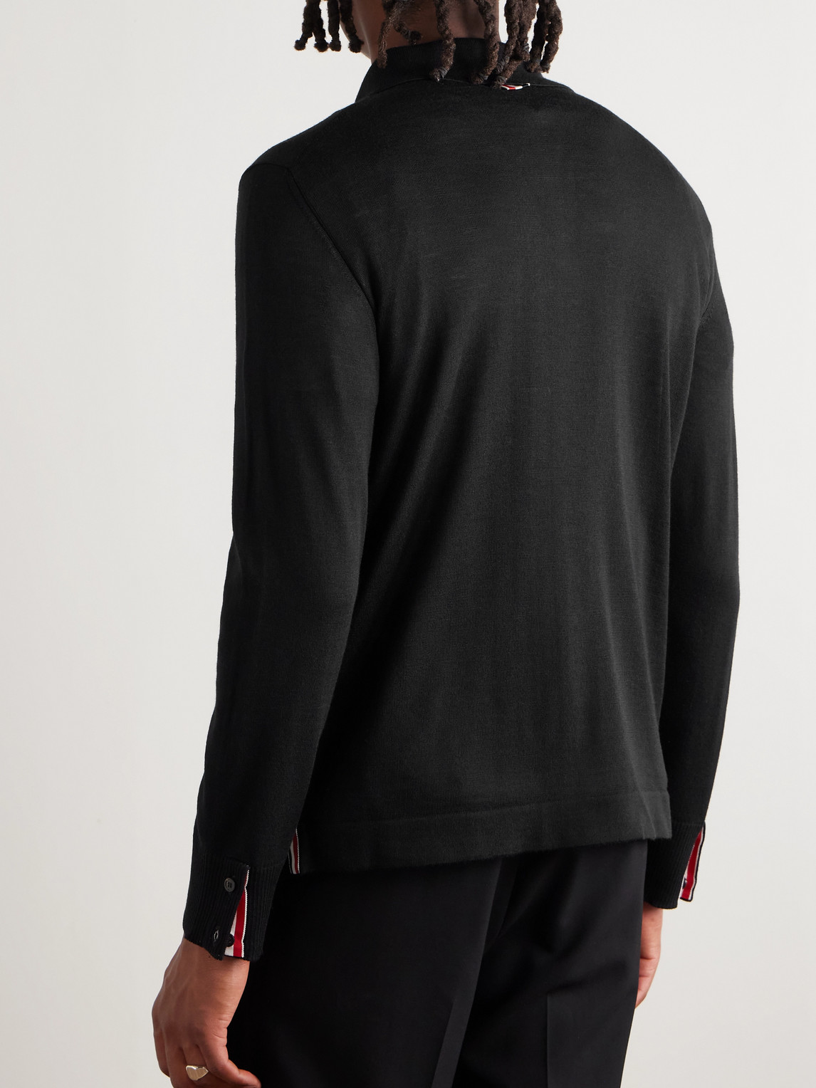 Thom Browne Slim-fit Button-down Collar Striped Wool Cardigan In Black