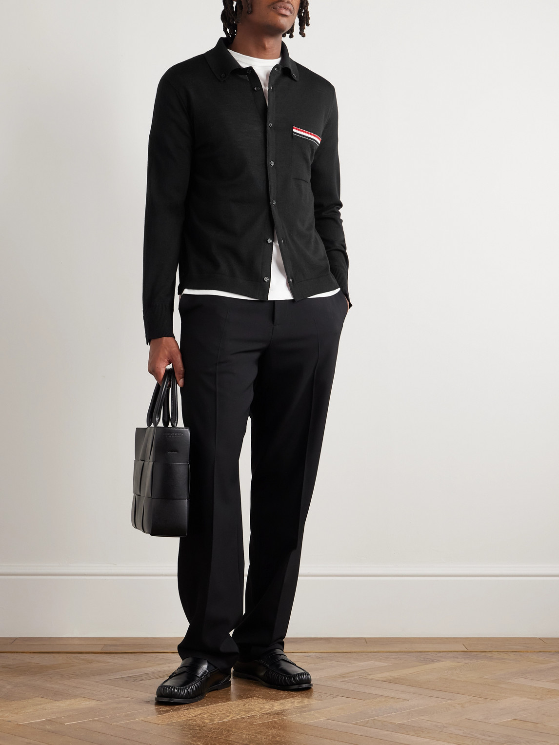 Thom Browne Slim-fit Button-down Collar Striped Wool Cardigan In Black