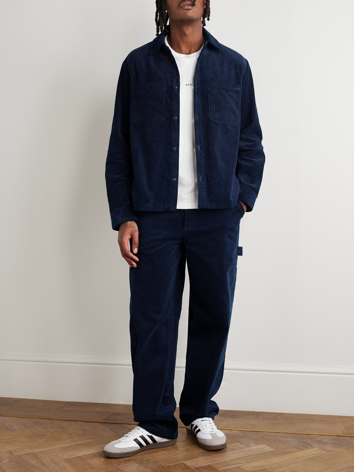 Apc Leon Logo-embroidered Cotton-corduroy Overshirt In Blue