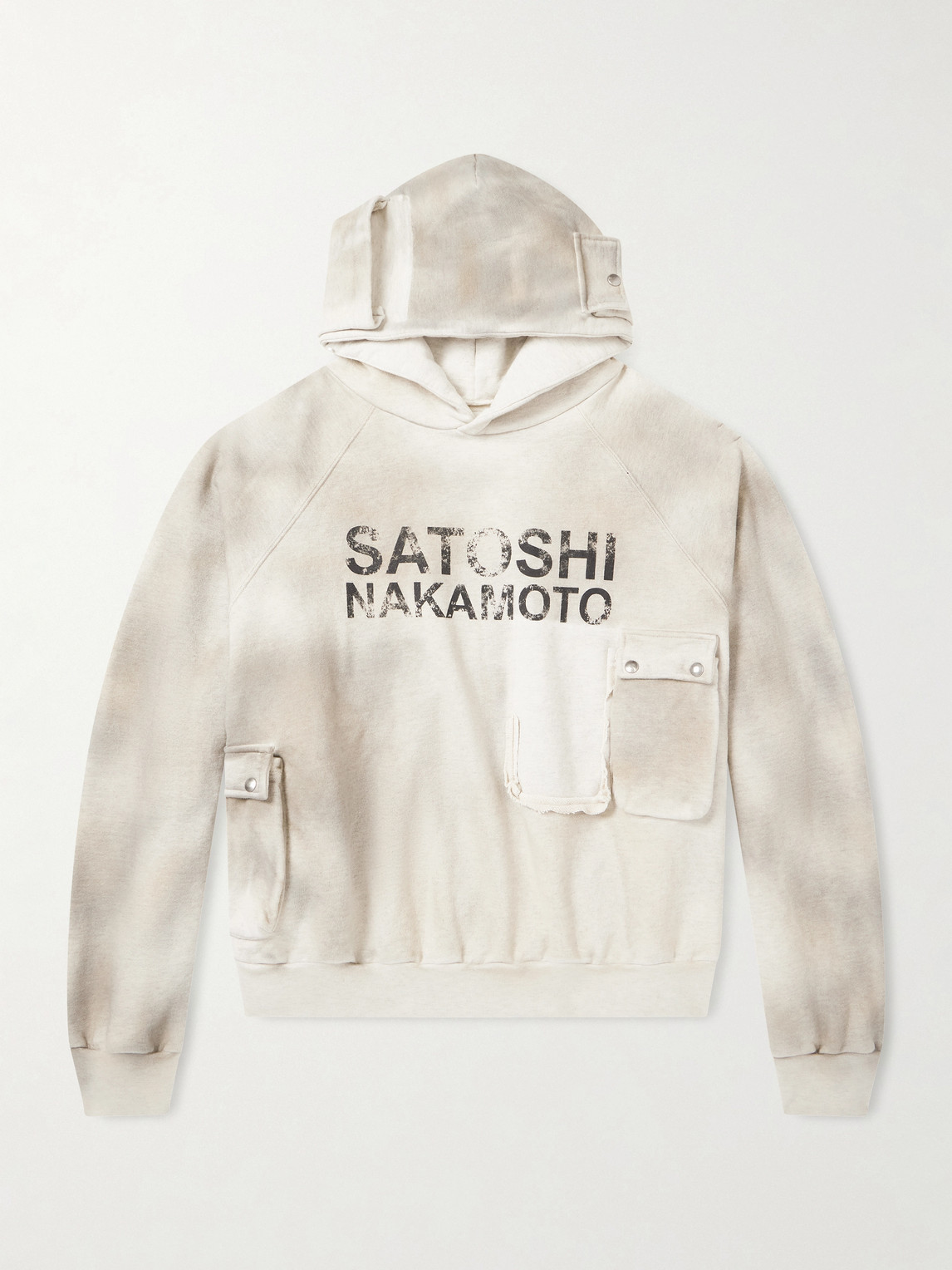 Satoshi Nakamoto Cargo Oversized Distressed Logo-print Cotton-jersey Hoodie In White