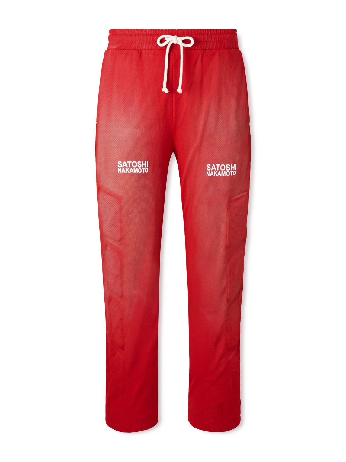 Satoshi Nakamoto Straight-leg Padded Printed Mesh Sweatpants In Orange