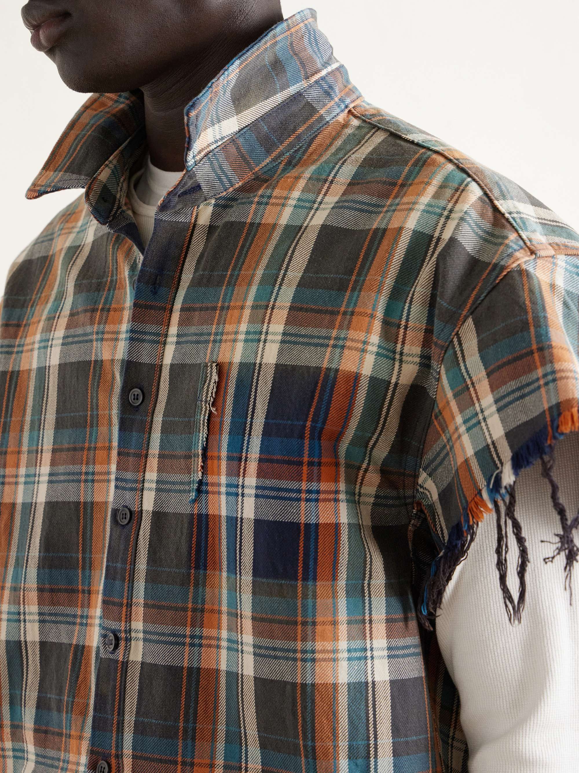 SATOSHI NAKAMOTO Layered Frayed Checked Cotton-Flannel and Waffle