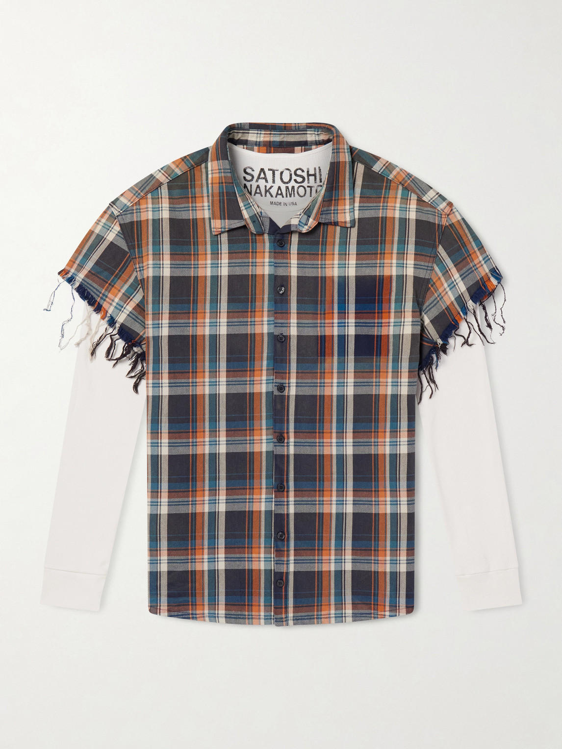 Satoshi Nakamoto Layered Frayed Checked Cotton-flannel And Waffle-knit Shirt In Orange