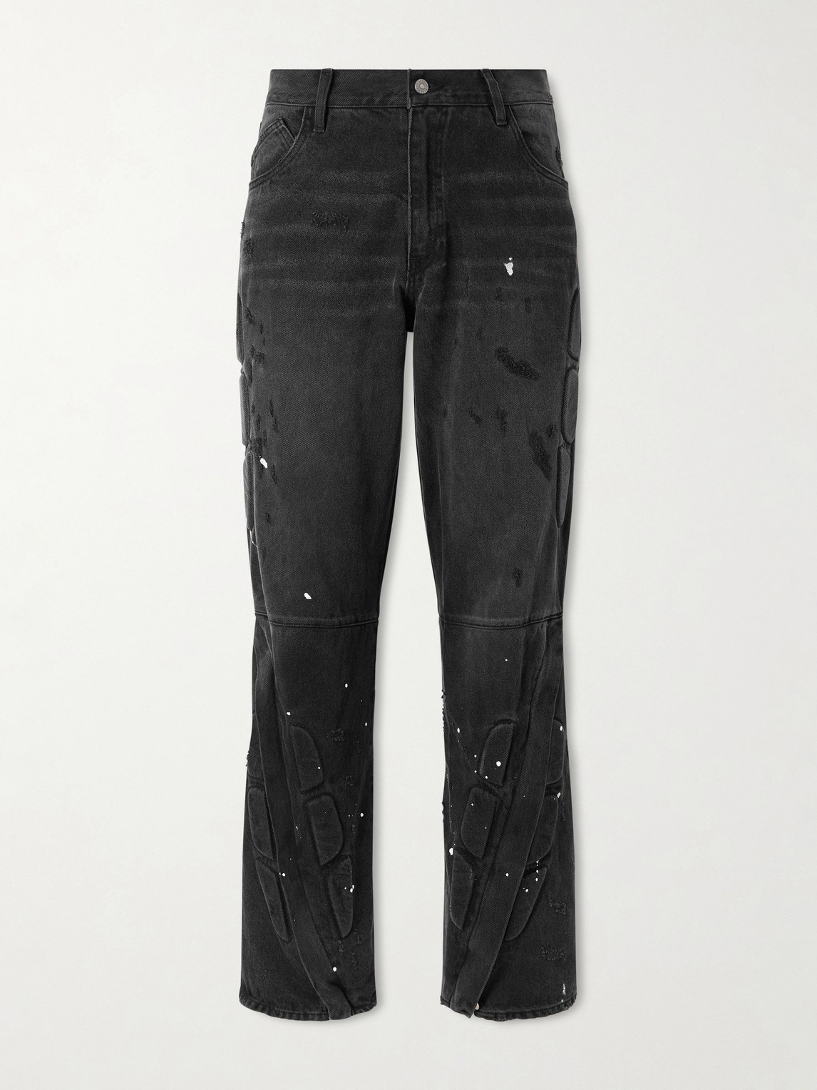 Satoshi Nakamoto Enduro Straight-leg Padded Paint-splattered Jeans In Black