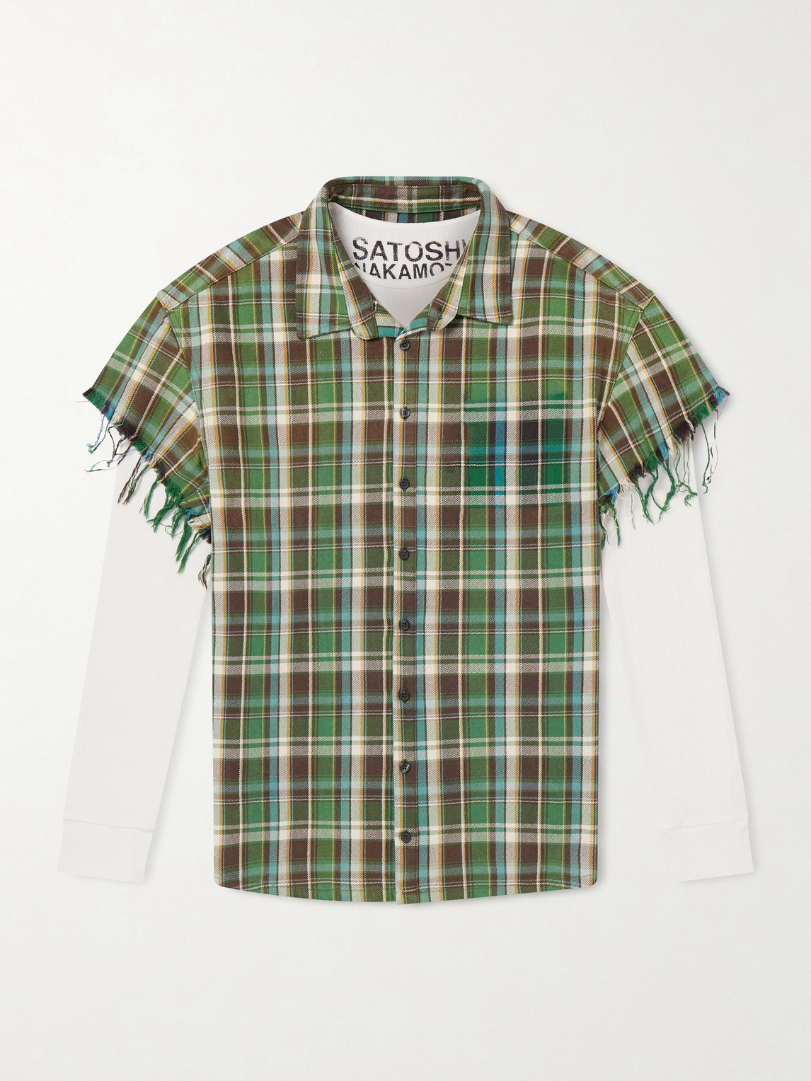 Satoshi Nakamoto Layered Frayed Checked Cotton-flannel And Waffle-knit Shirt In Green