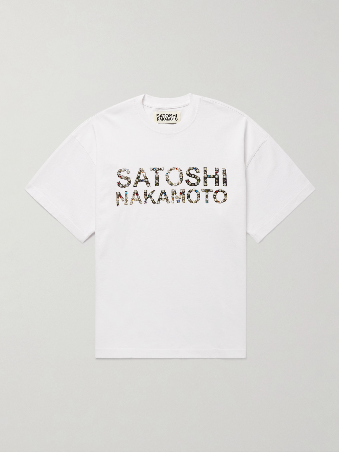 Satoshi Nakamoto Embellished Logo-print Cotton-jersey T-shirt In White