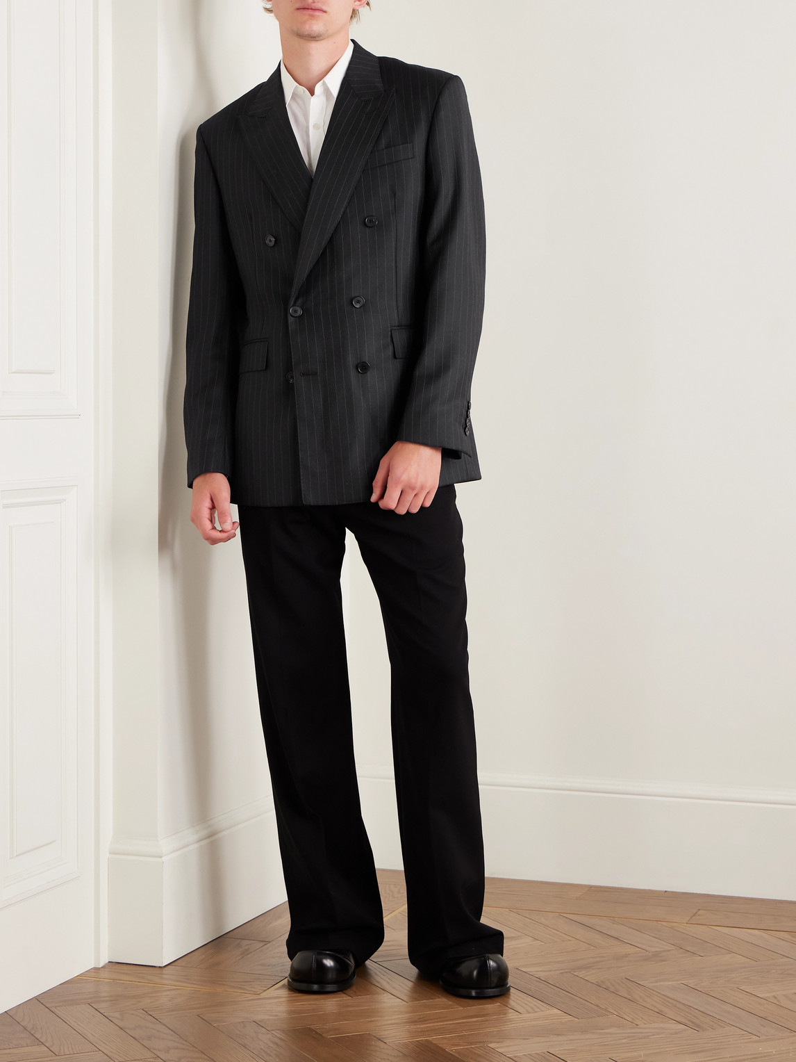 Givenchy Double-breasted Pinstriped Wool-twill Suit Jacket In Black