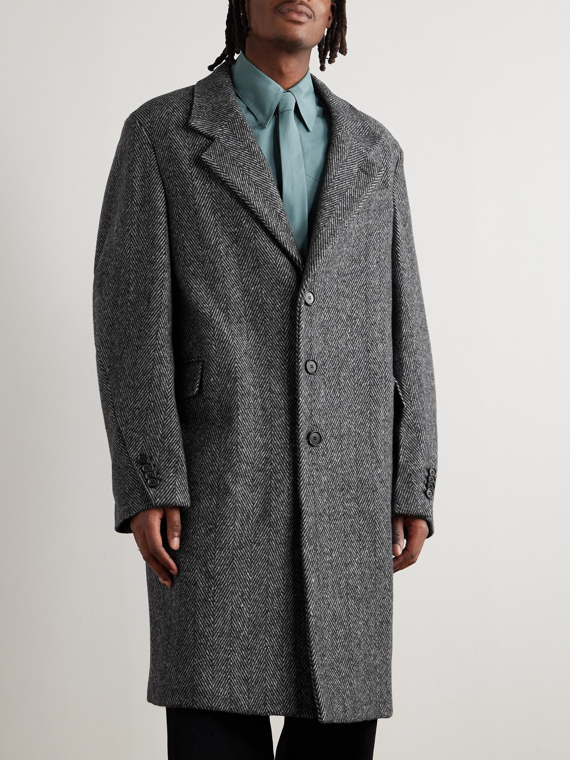 Givenchy Herringbone-pattern Notched-lapel Coat In Gray