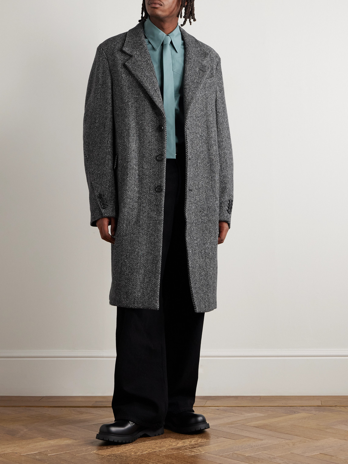 Givenchy Herringbone-pattern Notched-lapel Coat In Gray
