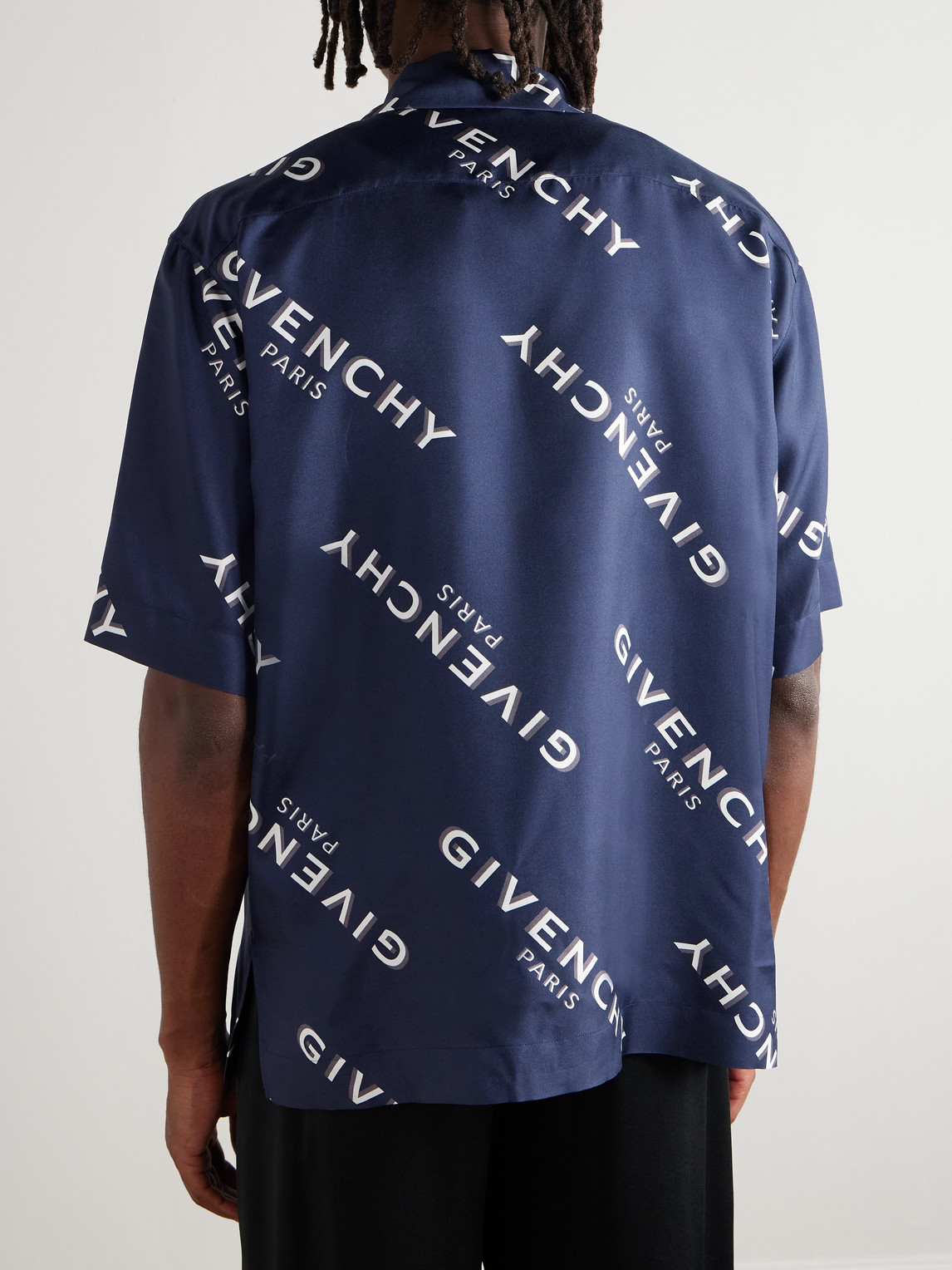 Givenchy Convertible-collar Logo-print Silk-twill Shirt In Blue