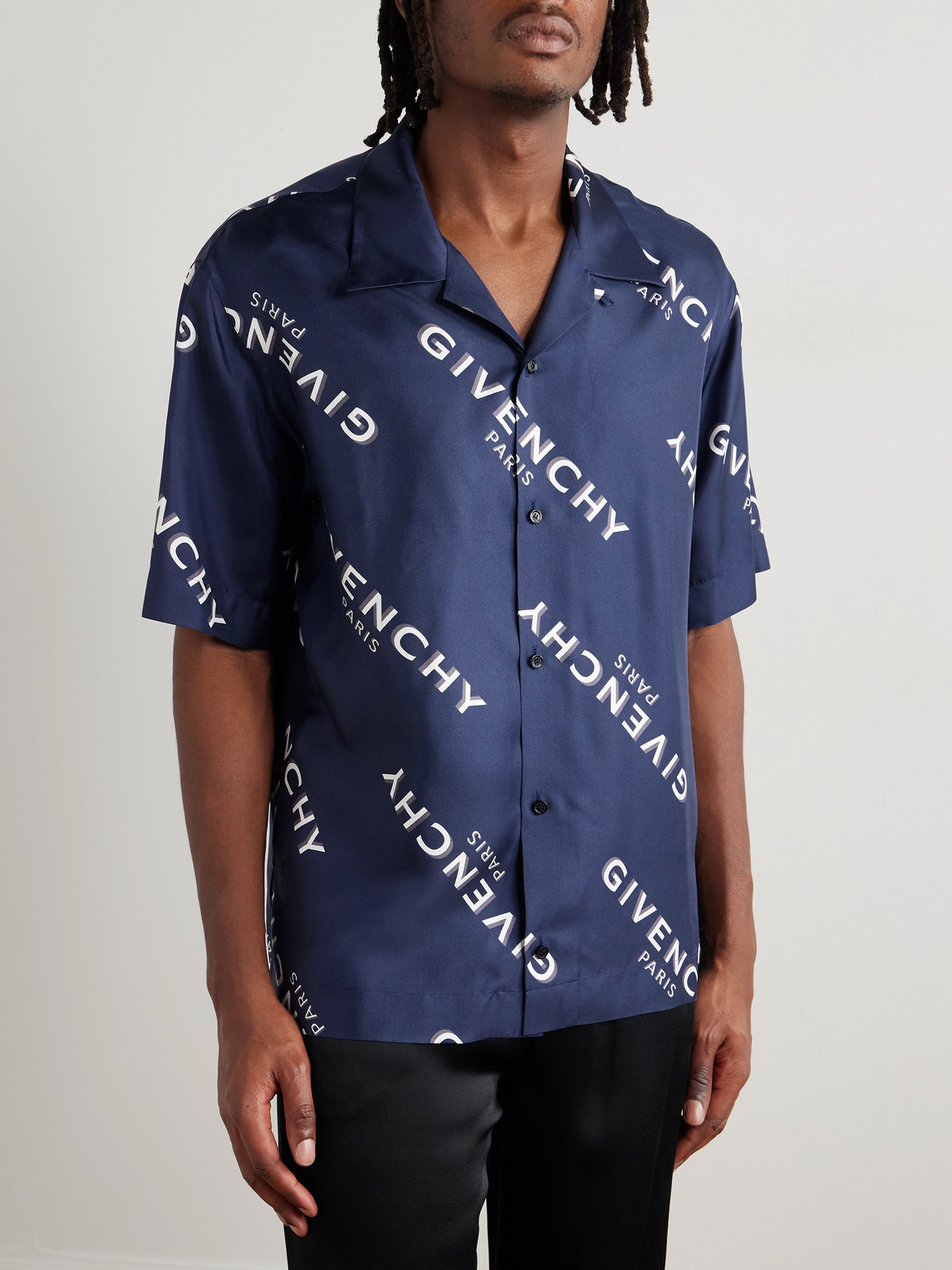Givenchy Convertible-collar Logo-print Silk-twill Shirt In Blue
