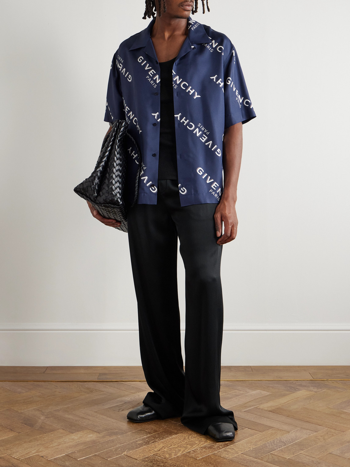 Givenchy Convertible-collar Logo-print Silk-twill Shirt In Blue