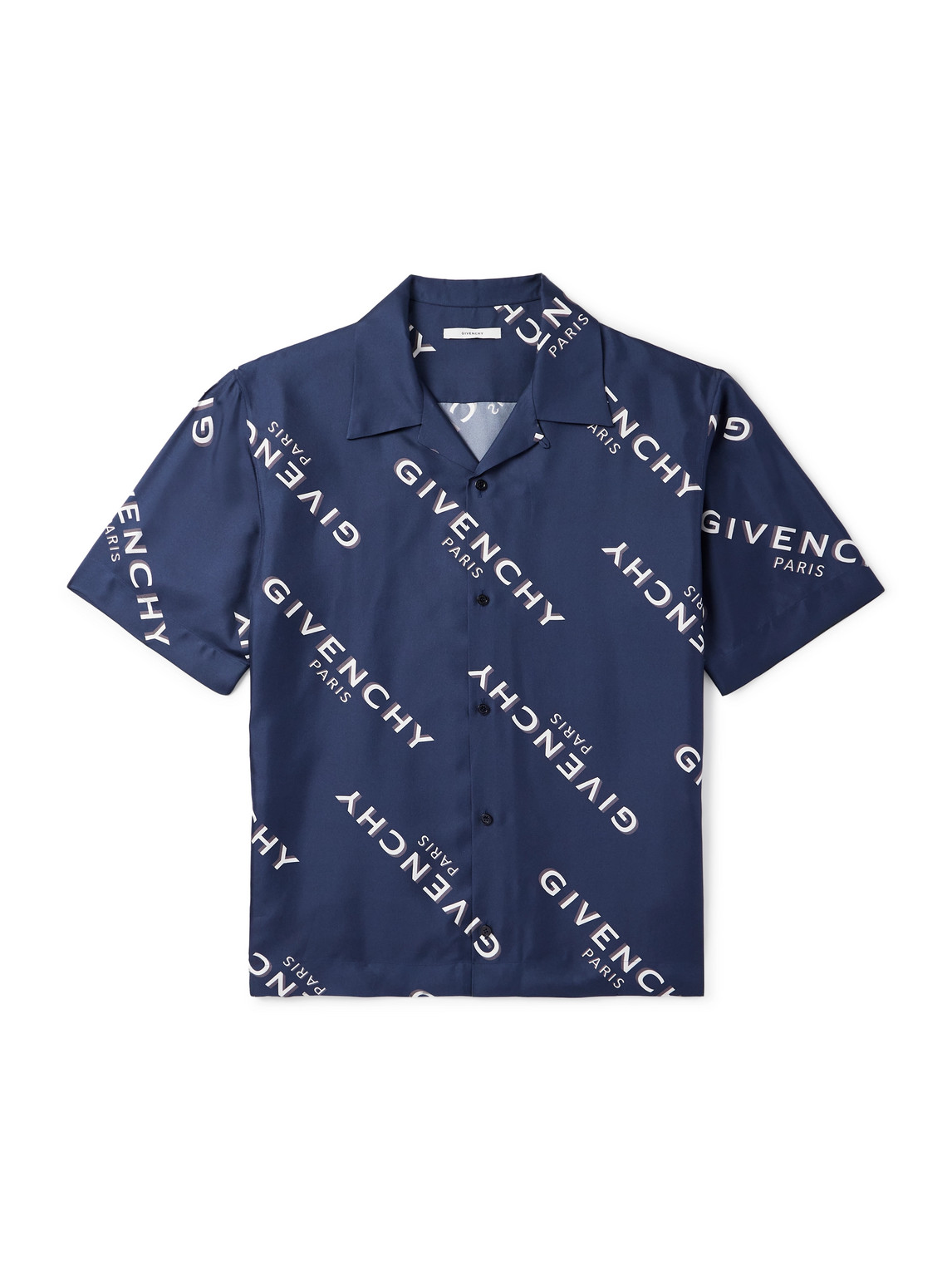 Givenchy Convertible-collar Logo-print Silk-twill Shirt In Blue
