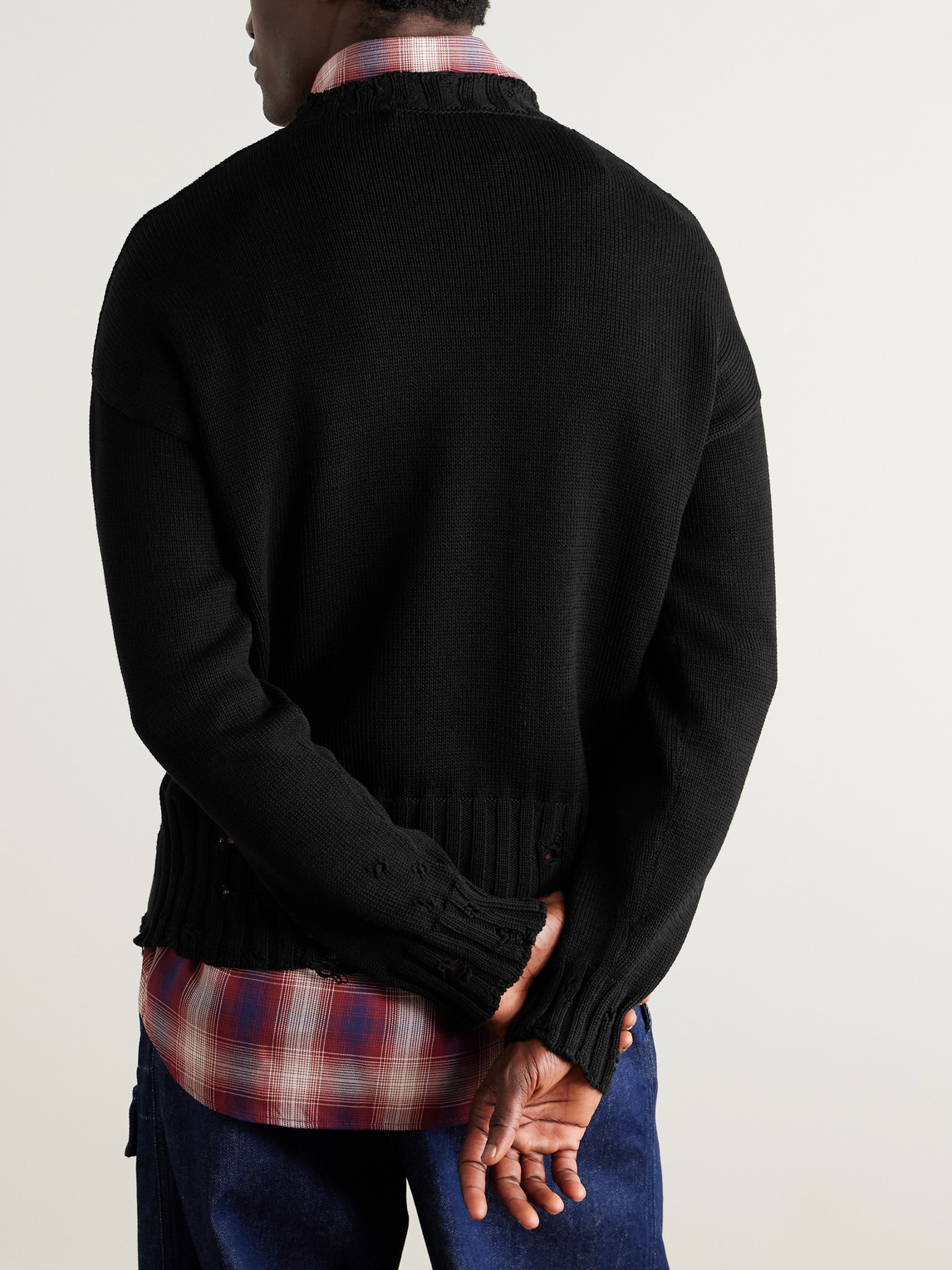 Marni Distressed Logo-embroidered Cotton Sweater In Black