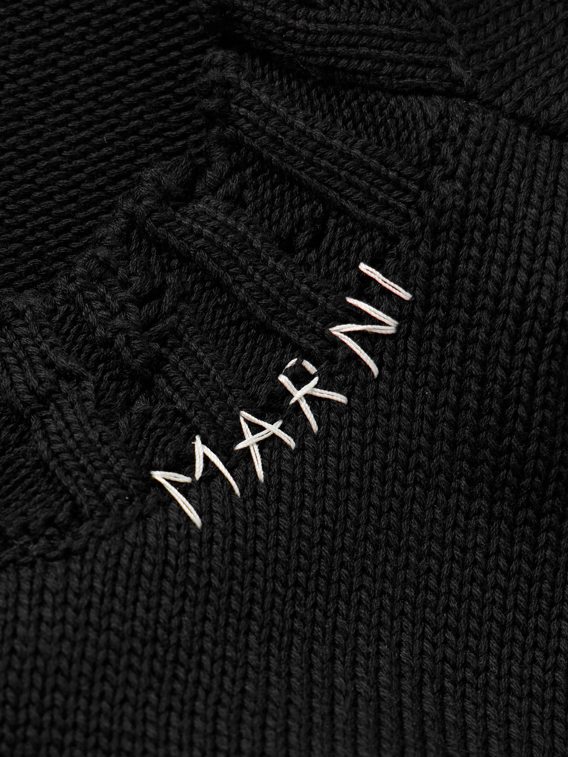 Marni Distressed Logo-embroidered Cotton Sweater In Black
