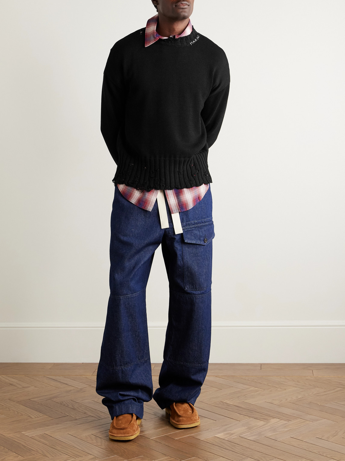 Marni Distressed Logo-embroidered Cotton Sweater In Black