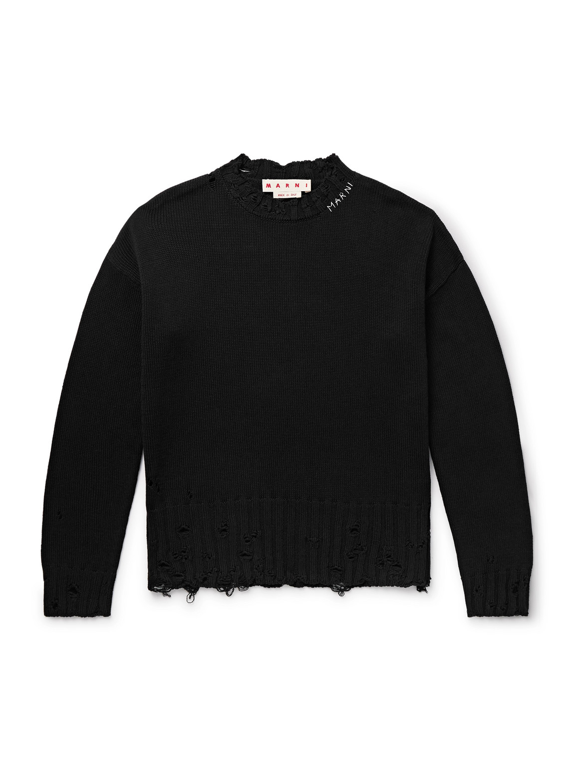 Marni Distressed Logo-embroidered Cotton Sweater In Black