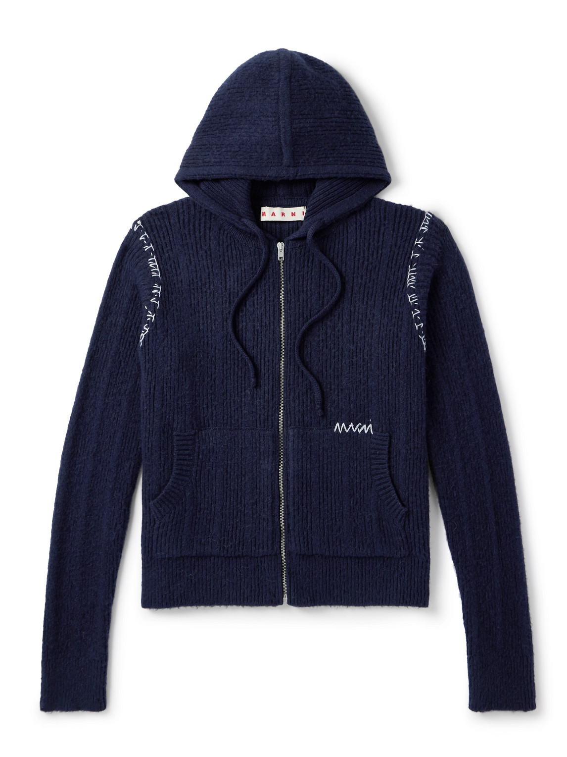 Marni Embroidered Ribbed Wool And Cashmere-blend Zip-up Hoodie In Blue