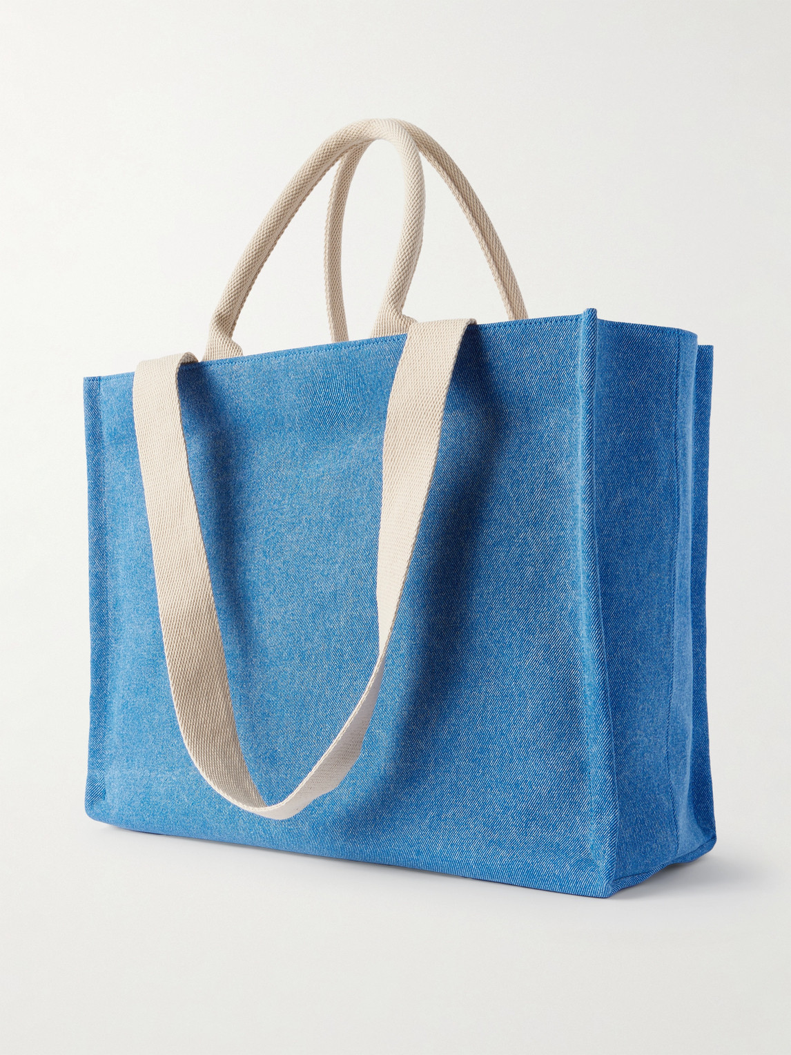 Marni Logo-embroidered Webbing-trimmed Stonewashed Denim Tote Bag In Blue