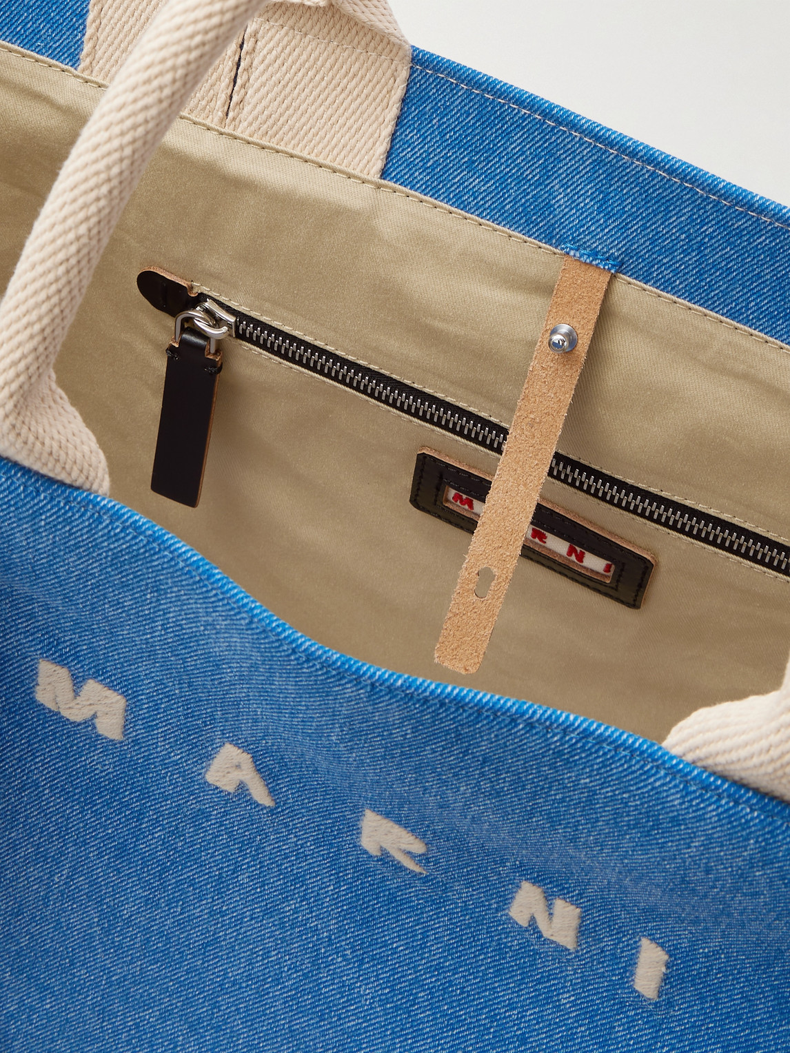 Marni Logo-embroidered Webbing-trimmed Stonewashed Denim Tote Bag In Blue
