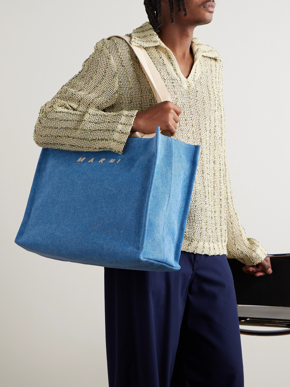 Marni Logo-embroidered Webbing-trimmed Stonewashed Denim Tote Bag In Blue