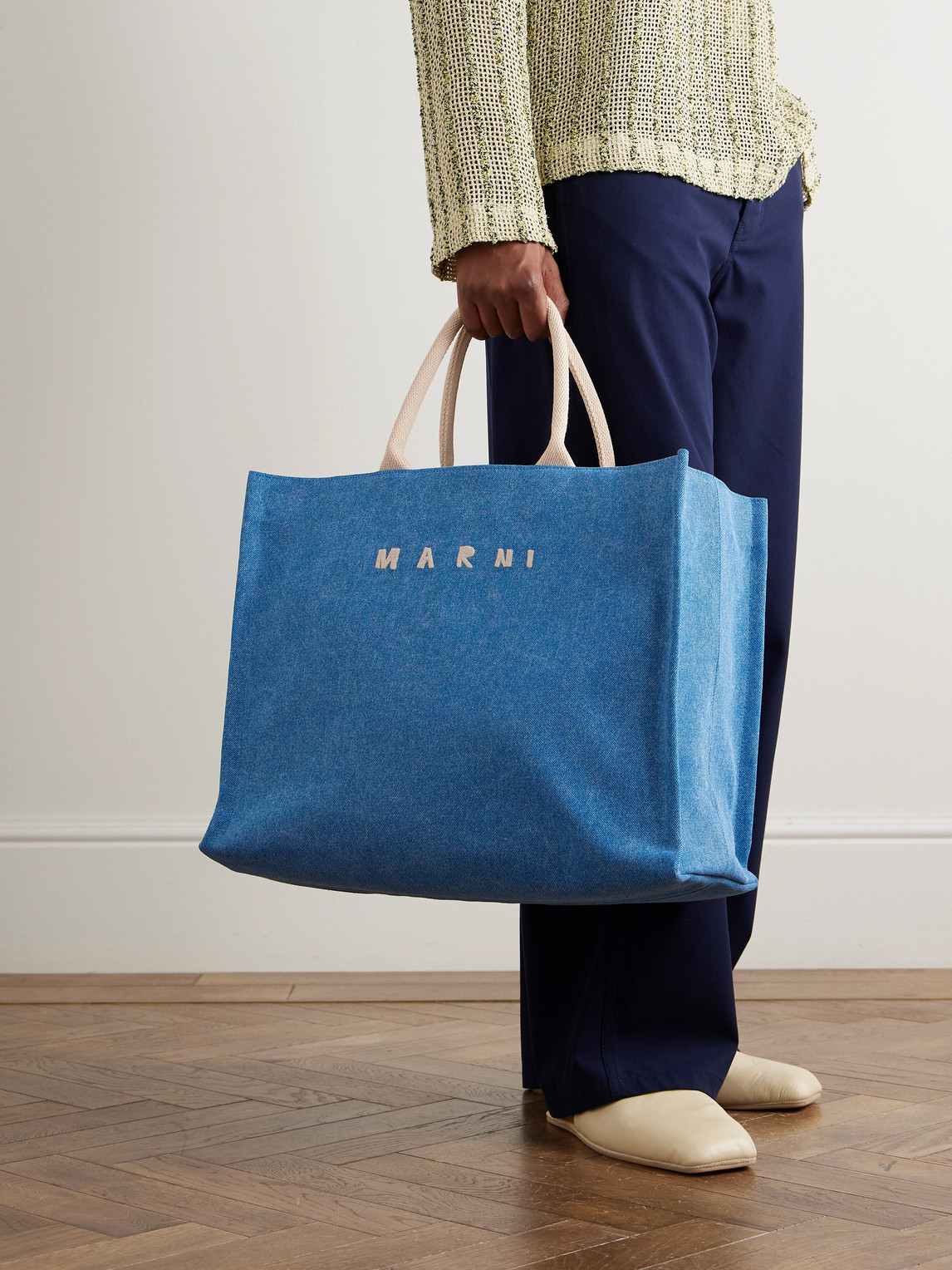 Marni Logo-embroidered Webbing-trimmed Stonewashed Denim Tote Bag In Blue