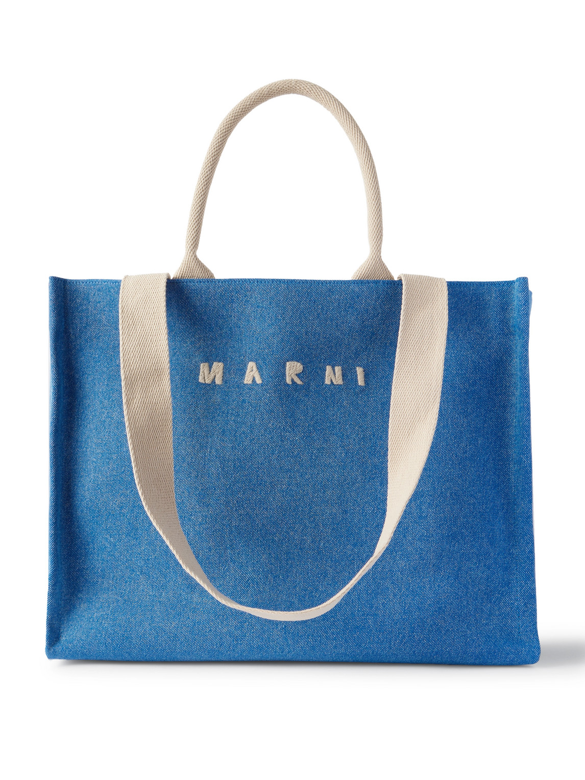 Marni Logo-embroidered Webbing-trimmed Stonewashed Denim Tote Bag In Blue