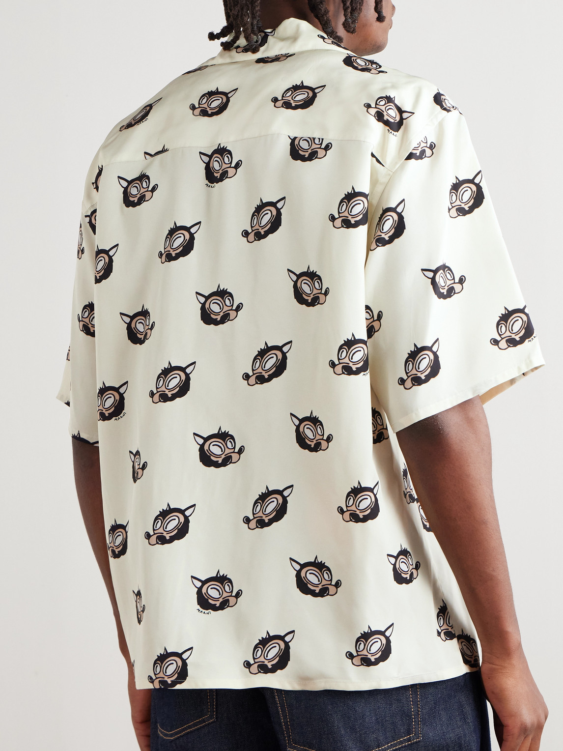 Marni Wolves Convertible-collar Printed Satin-twill Shirt In White
