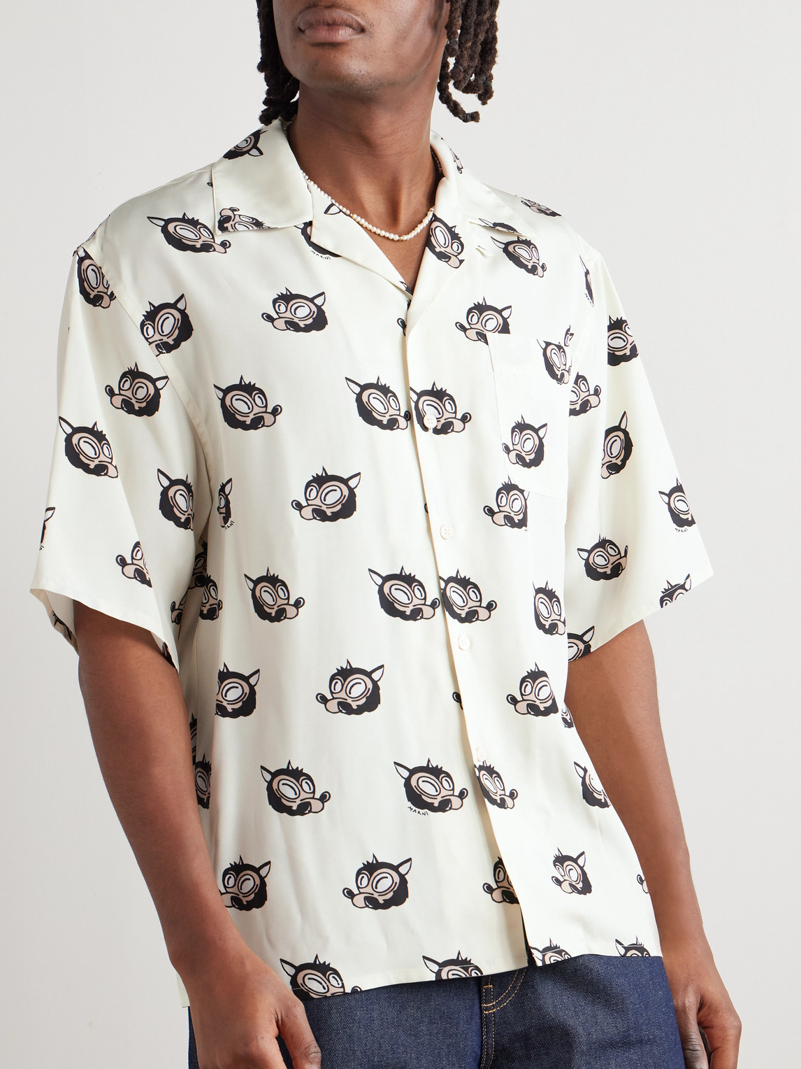 Marni Wolves Convertible-collar Printed Satin-twill Shirt In White
