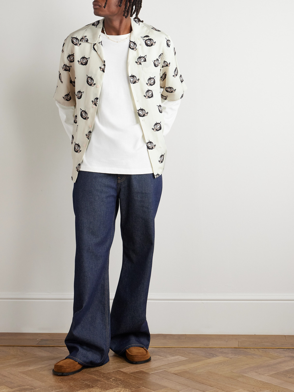 Marni Wolves Convertible-collar Printed Satin-twill Shirt In White