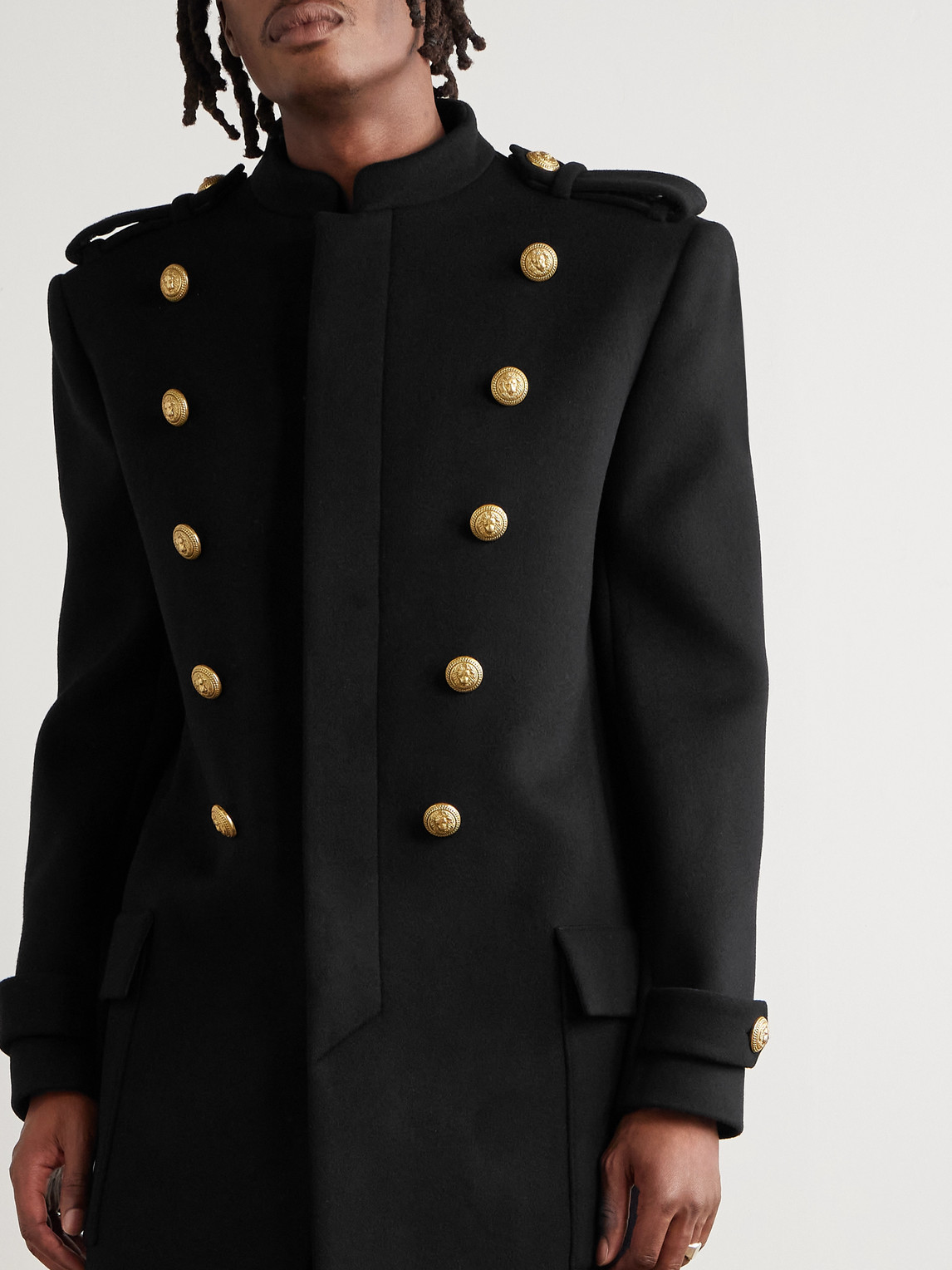 Balmain Double-breasted Embellished Wool And Cashmere-blend Coat In Black