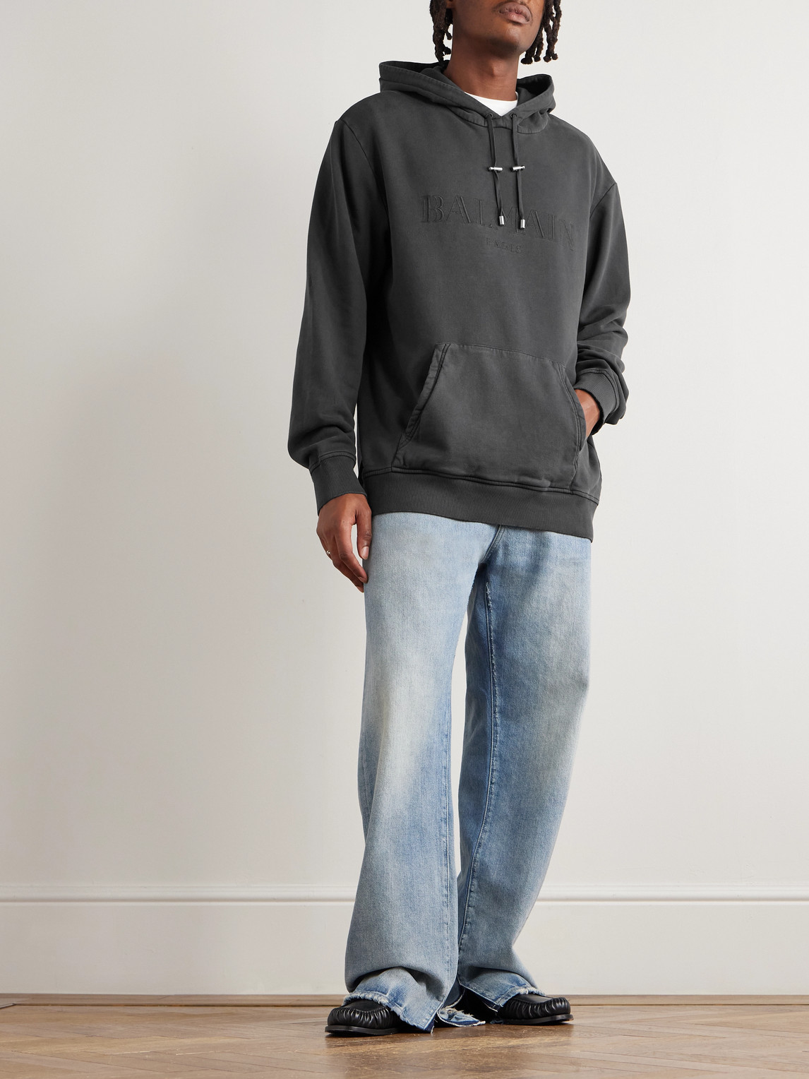 Balmain Logo-embroidered Cotton-jersey Hoodie In Gray