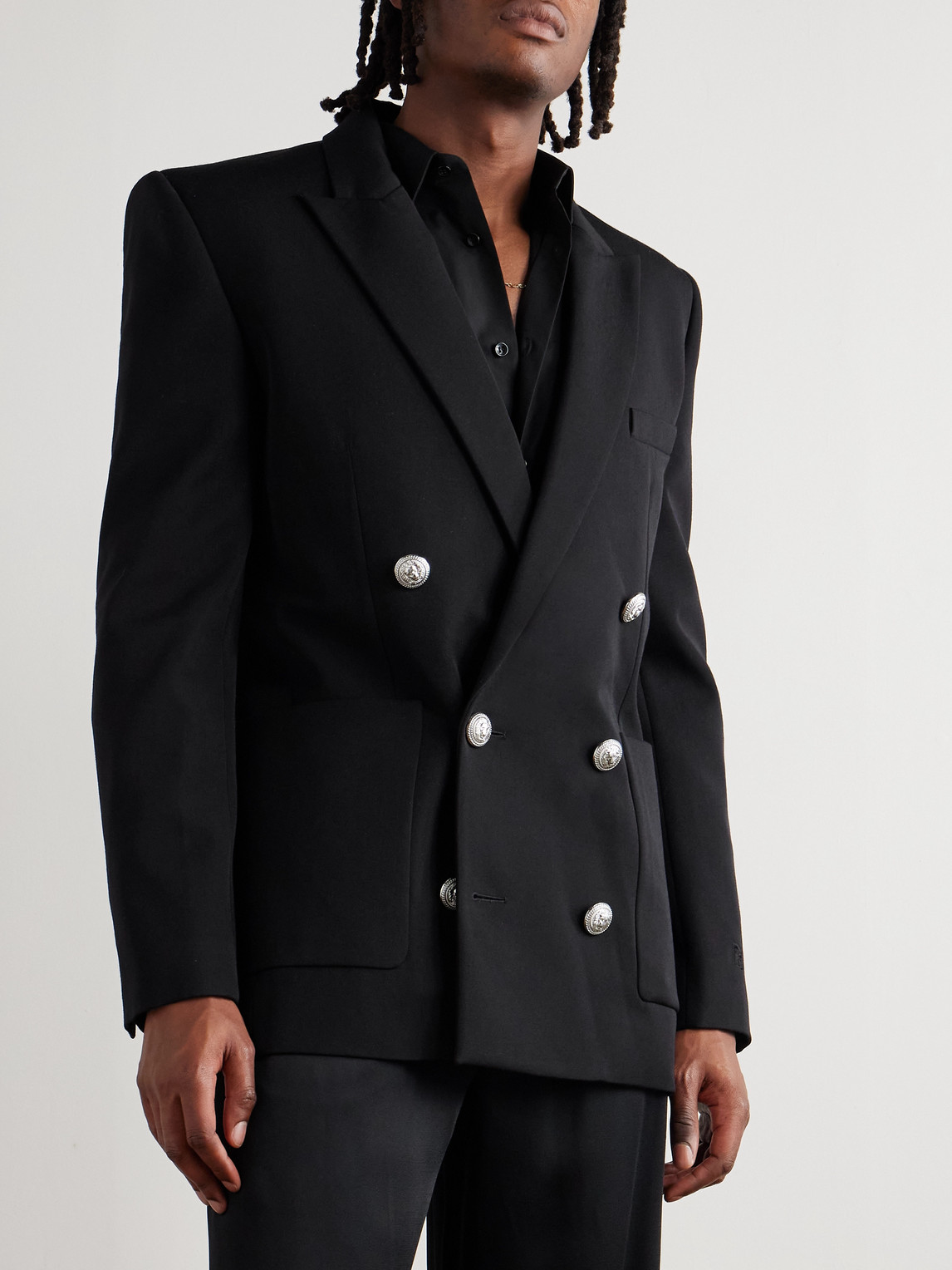 Balmain Double-breasted Grain De Poudre Wool Blazer In Black