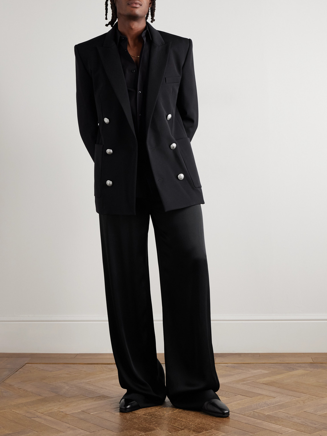 Balmain Double-breasted Grain De Poudre Wool Blazer In Black