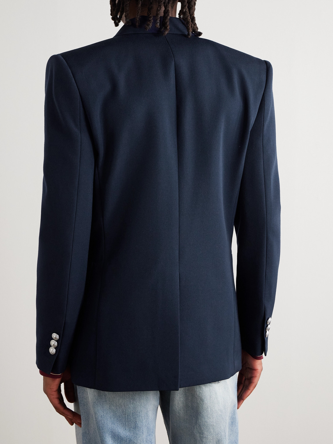 Balmain Double-breasted Grain De Poudre Wool Blazer In Blue