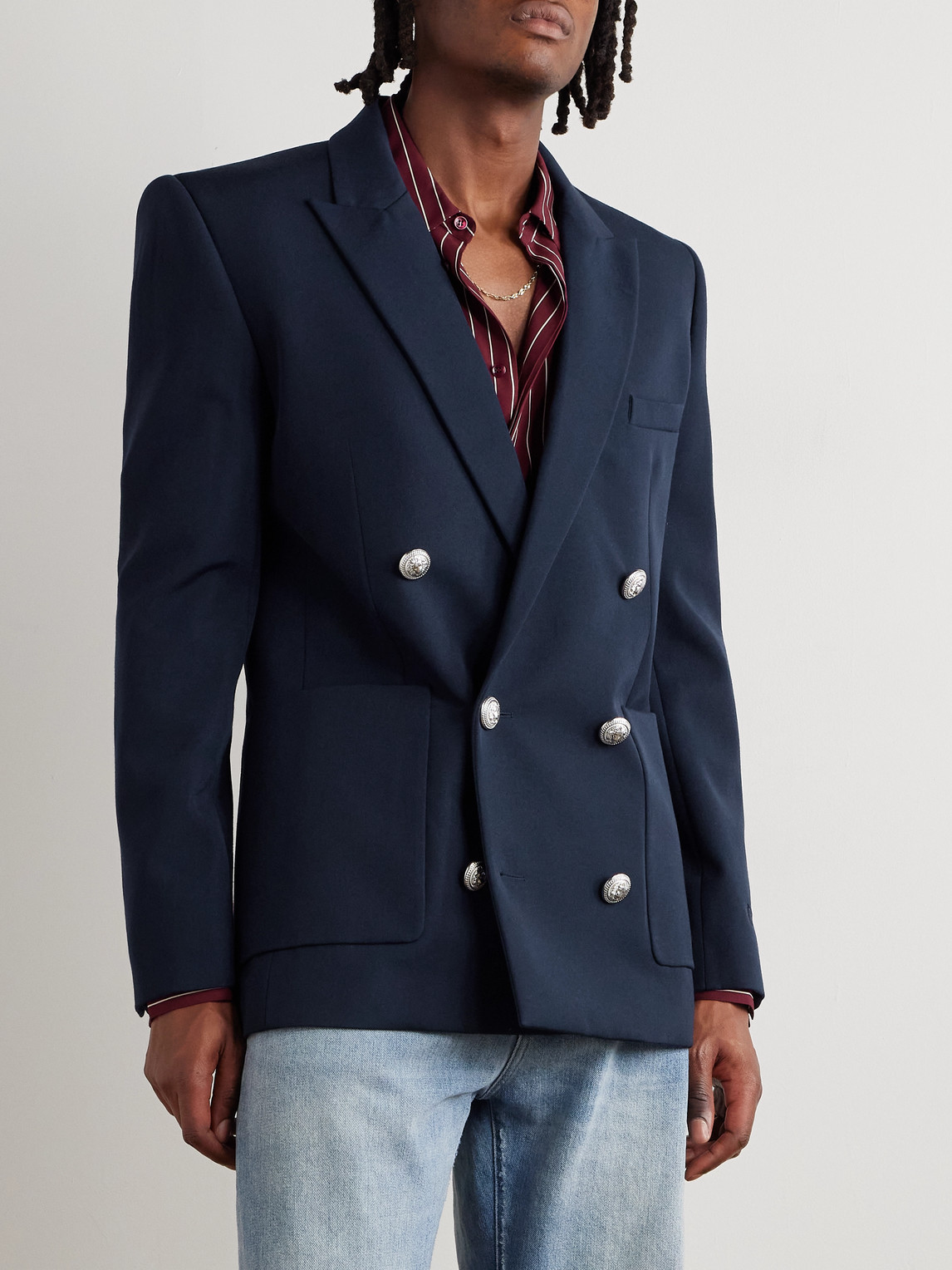 Balmain Double-breasted Grain De Poudre Wool Blazer In Blue