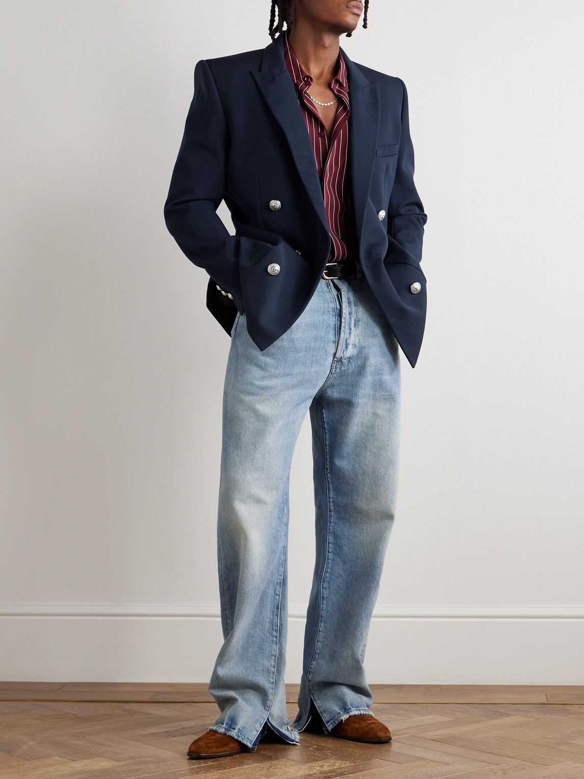 Balmain Double-breasted Grain De Poudre Wool Blazer In Blue