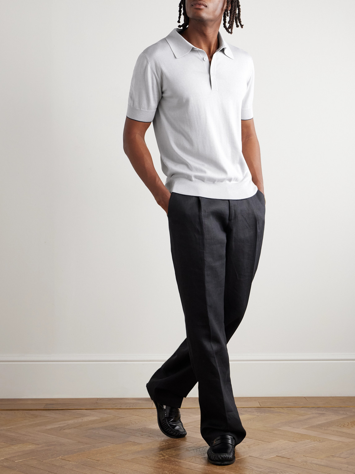 Balmain Logo-embroidered Silk-blend Polo Shirt In Gray