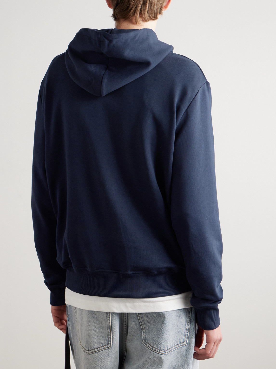 Balmain Logo-print Stretch Cotton-blend Jersey Hoodie In Blue