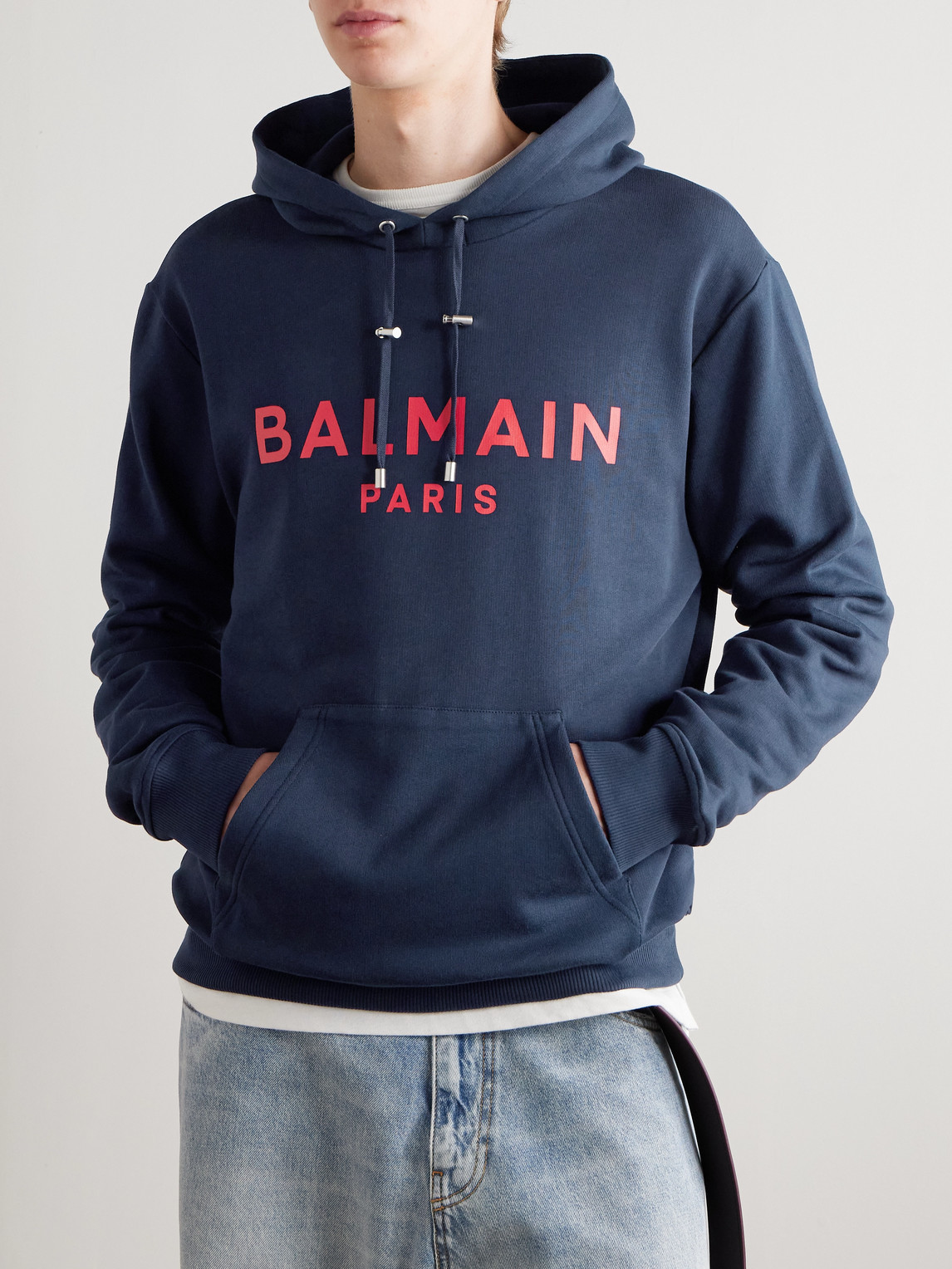 Balmain Logo-print Stretch Cotton-blend Jersey Hoodie In Blue