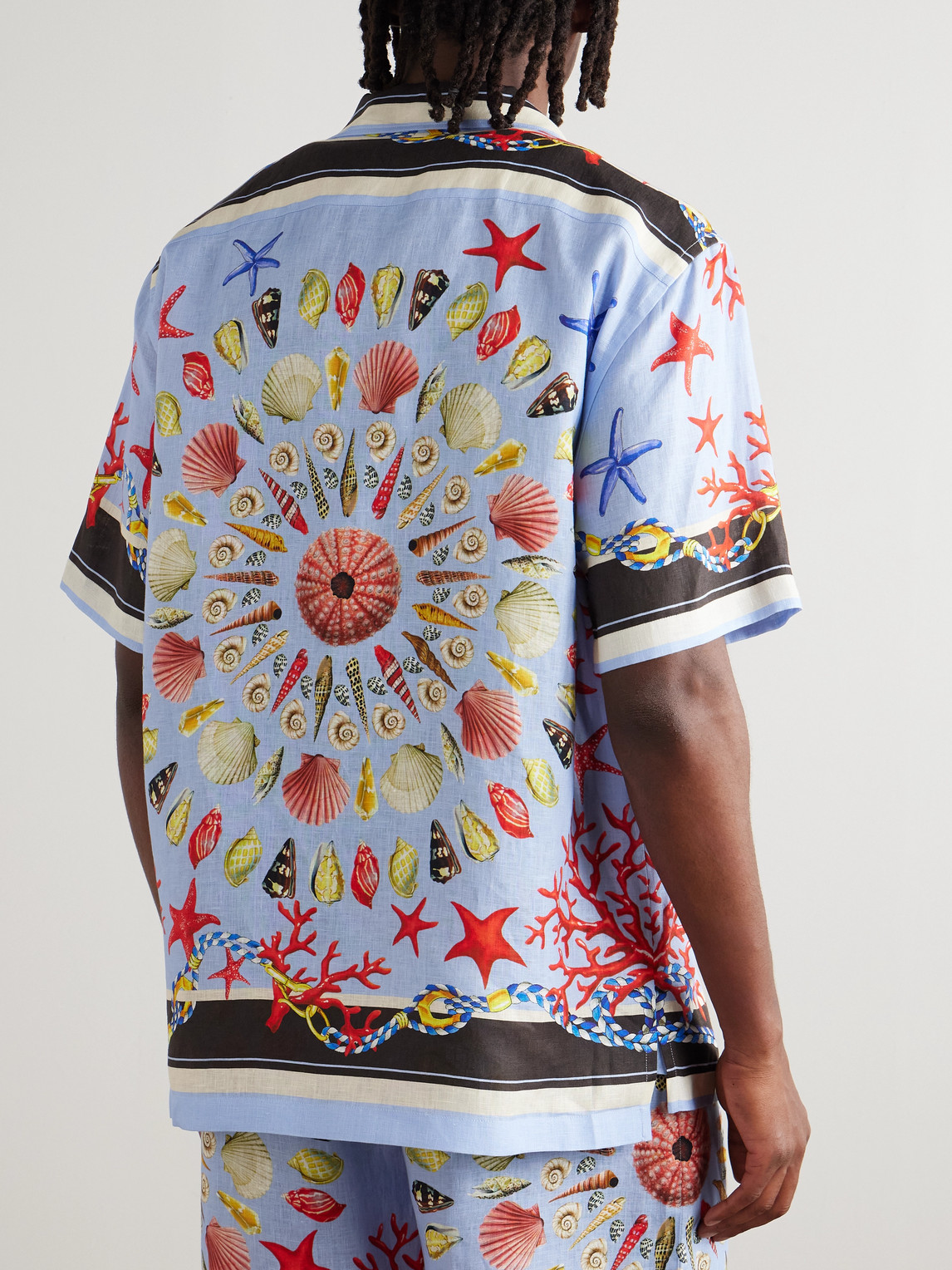 Dolce & Gabbana Multicolor Bowling Shirt With Cuban Collar And All-over Print In Linen Man In Blue