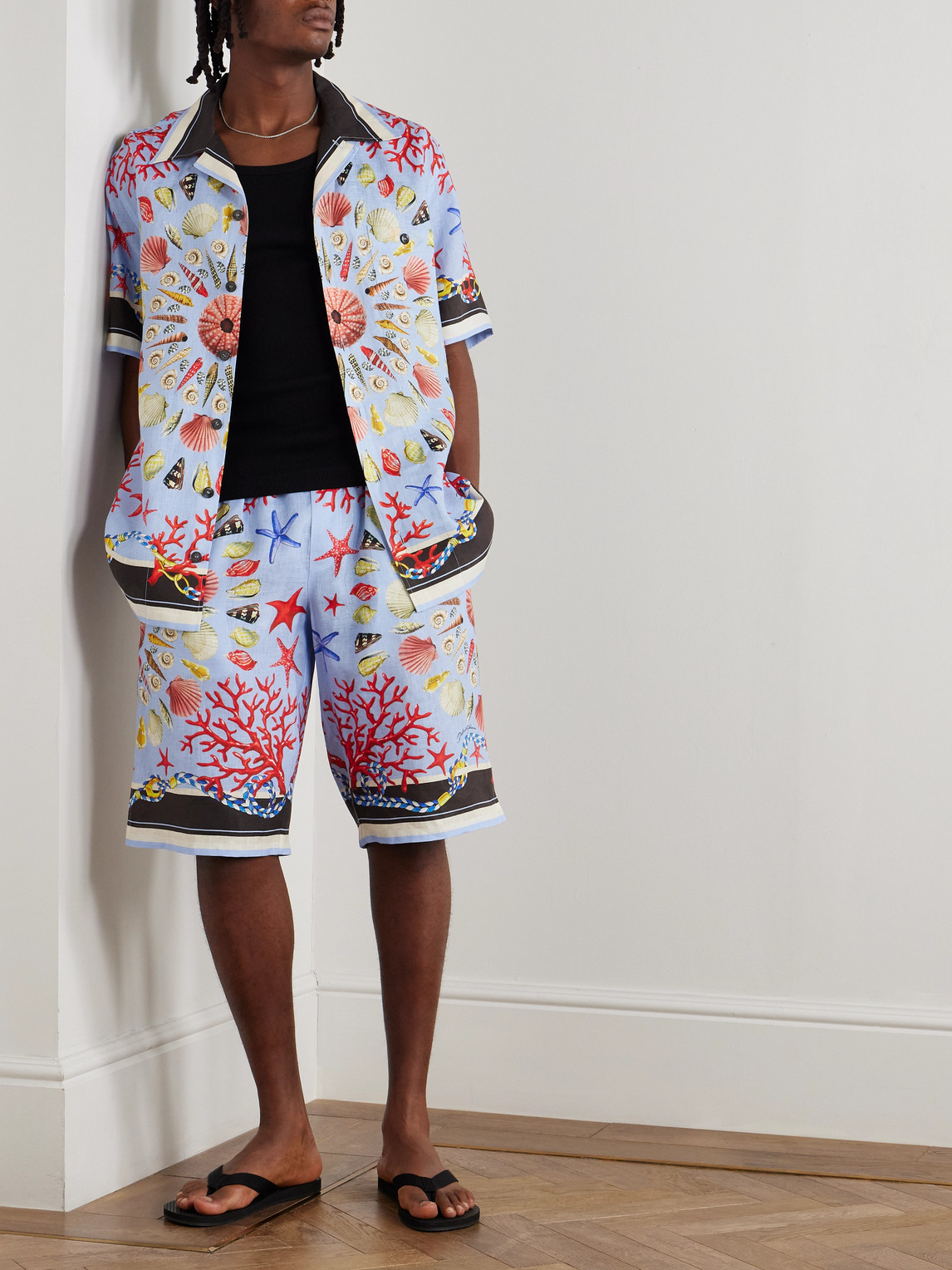 Dolce & Gabbana Multicolor Bowling Shirt With Cuban Collar And All-over Print In Linen Man In Blue