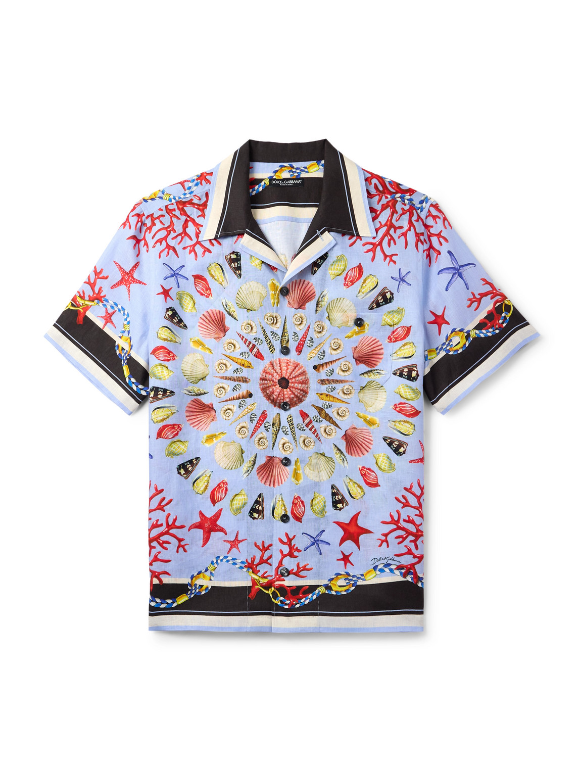 Dolce & Gabbana Multicolor Bowling Shirt With Cuban Collar And All-over Print In Linen Man In Blue