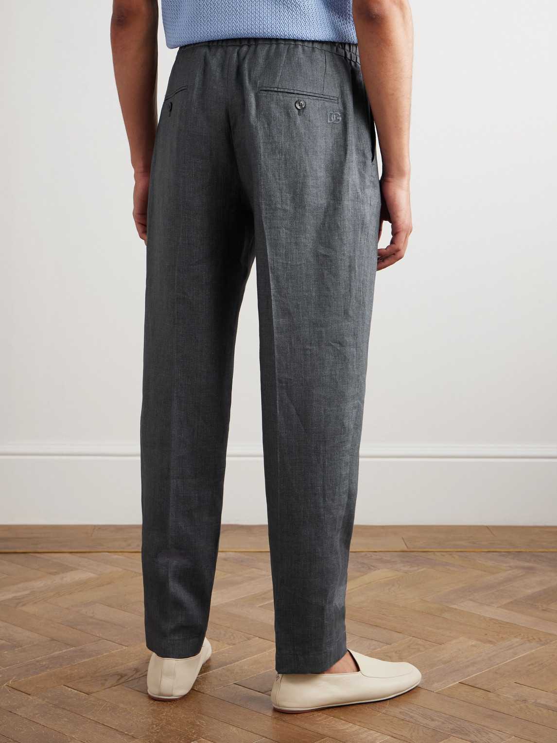 Dolce & Gabbana Straight-leg Pleated Linen-canvas Drawstring Trousers In Gray