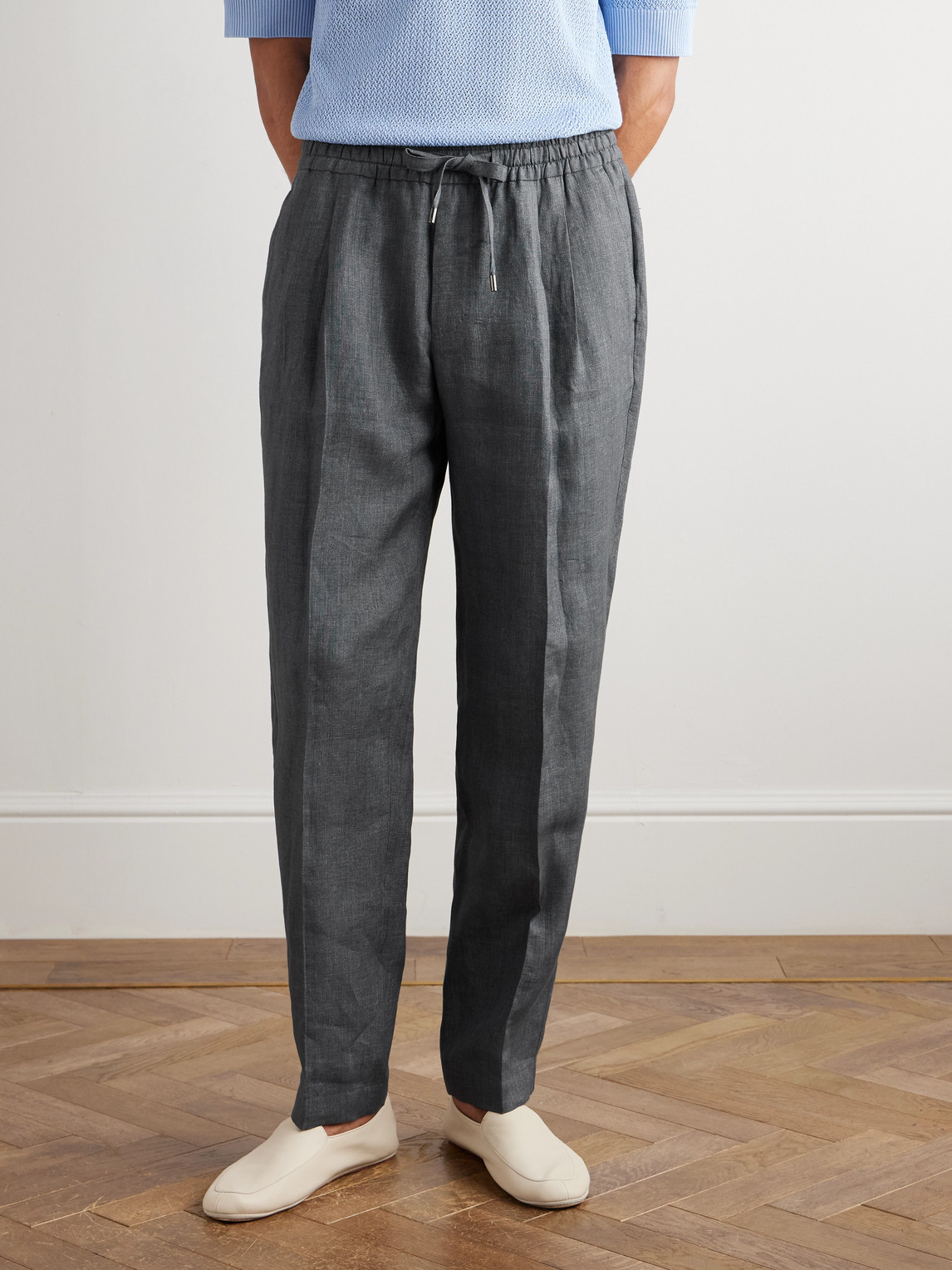 Dolce & Gabbana Straight-leg Pleated Linen-canvas Drawstring Trousers In Gray