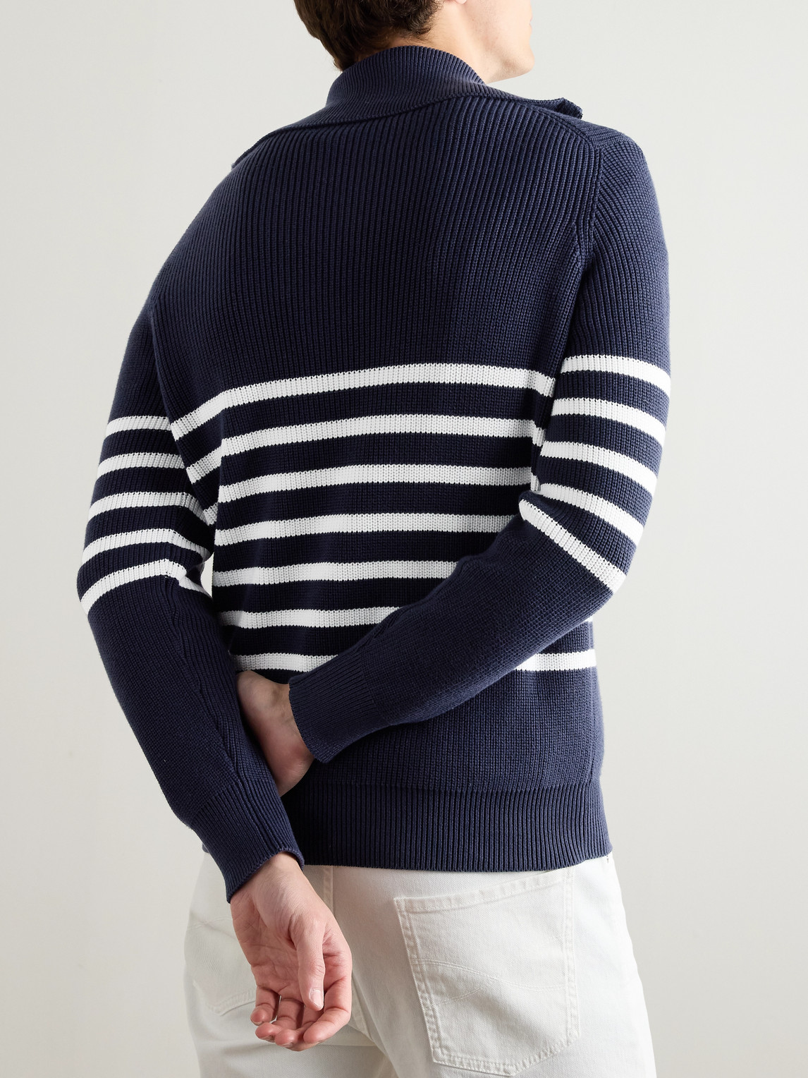 Brunello Cucinelli Striped Ribbed Cotton Half-zip Sweater In Blue