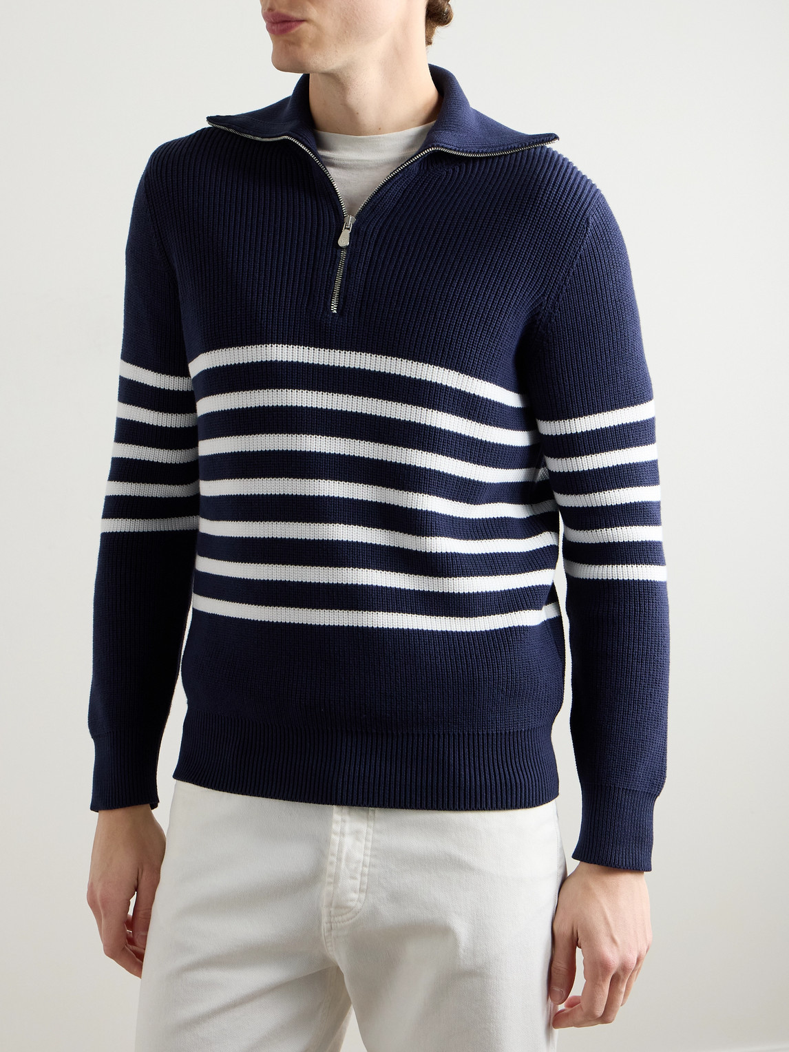 Brunello Cucinelli Striped Ribbed Cotton Half-zip Sweater In Blue